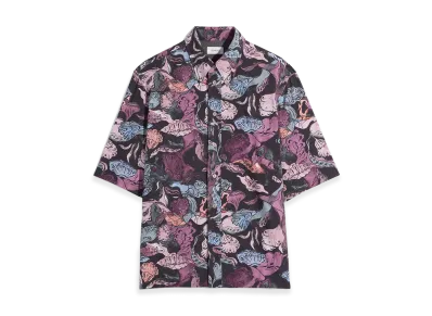 LEMAIRE Floral Print Cotton Short Sleeve Shirt "Black/Plum"