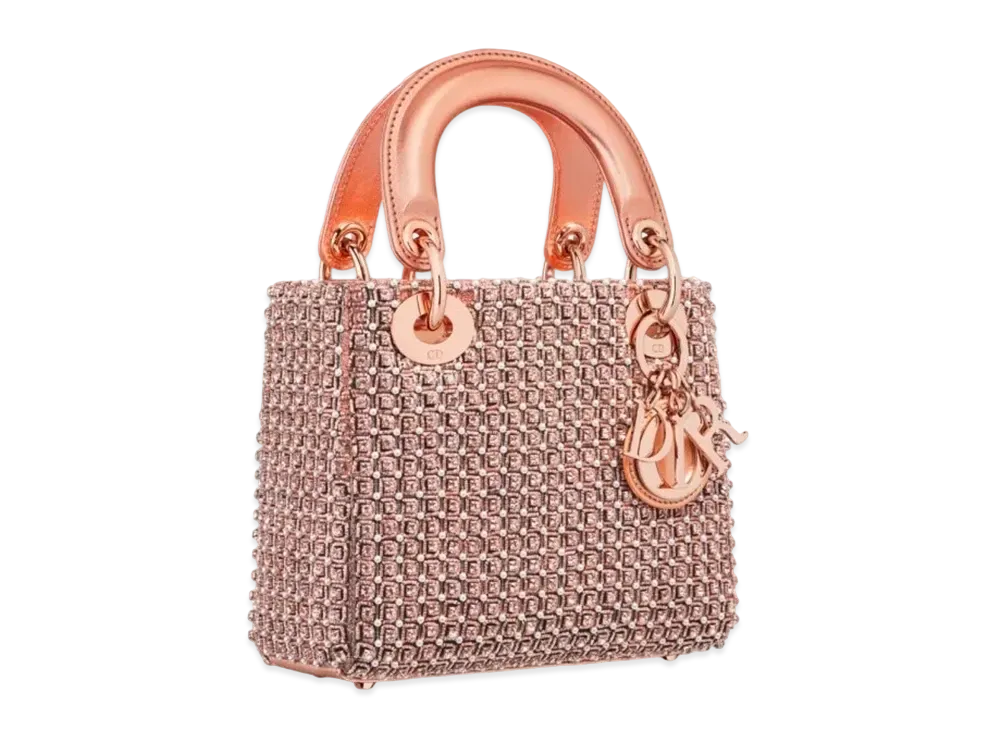 Dior Mini Lady Bag Square Pattern Embroidery Set Strass Round Beads "Metallic Pink"
