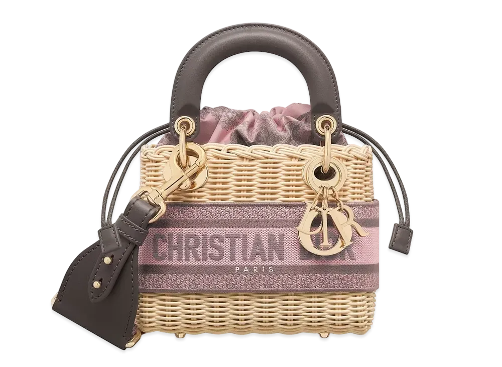 Dior Mini Lady Bag Natural Wicker Toile De Jouy Sauvage Cotton Canvas "Pink Gray"