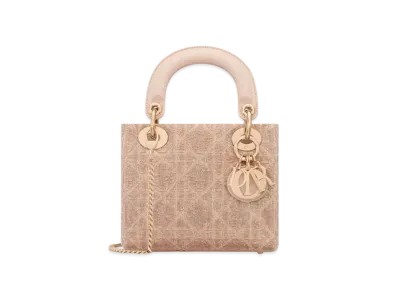 Dior Mini Lady Bag Cannage Cotton Embroidered Micropearls "Caramel Beige"