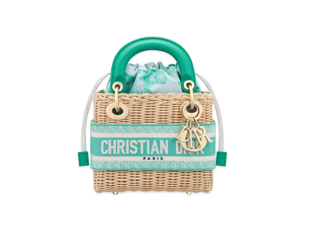 Dior Dioriviera Mini Lady Dior Bag Natural Wicker and Toile De Jouy Jacquard "Aquamarina"