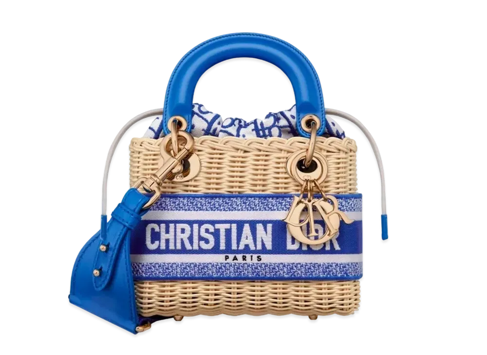Dior Mini Lady Bag Natural Wicker Dior Oblique Jacquard "Fluorescent Blue"
