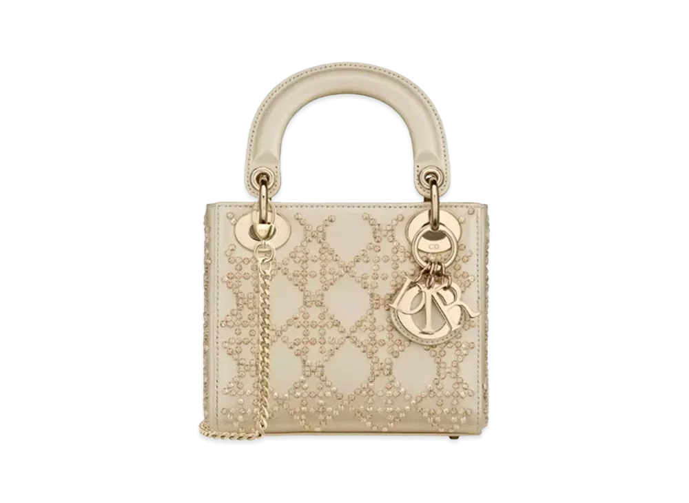 Dior Mini Lady Bag Platinum Metallic Cannage Lambskin Beaded Embroidery "Pale Gold"