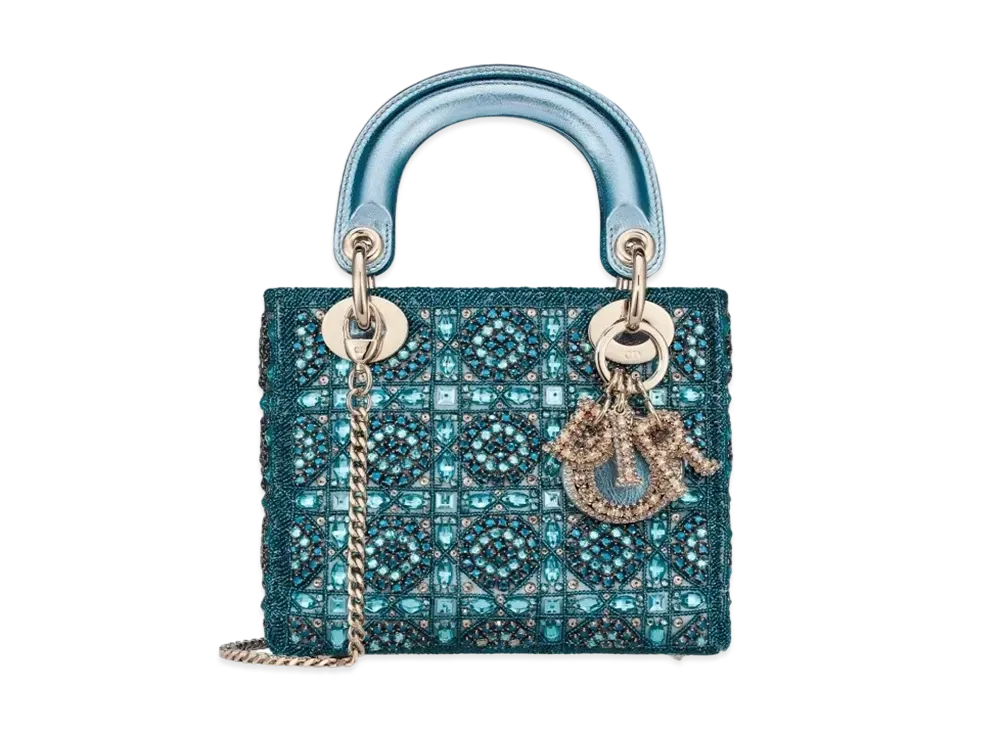 Dior Mini Lady Bag Metallic Calfskin Satin Bead Embroidery "Celestial Blue"