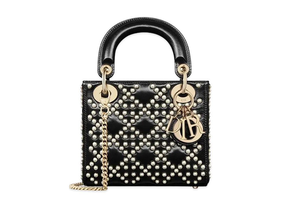 Dior Mini Lady Bag Crinkle Effect Resin Half Pearl Motif "White/Black"