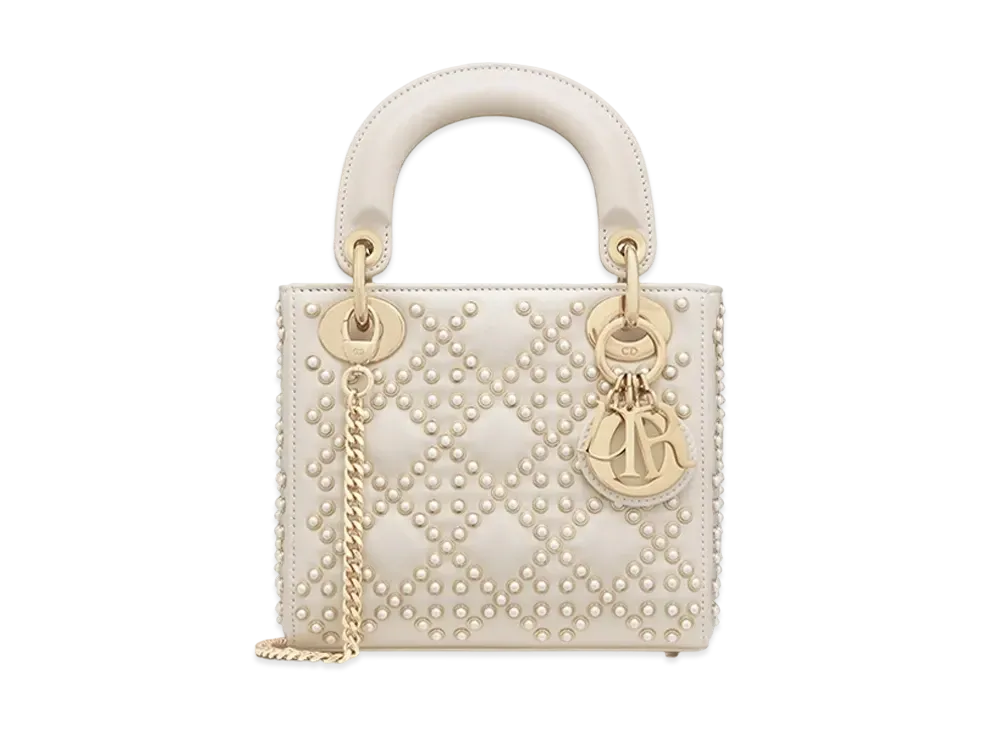 Dior Mini Lady Bag Crinkle Effect Resin Half Pearl Motif "Latte"