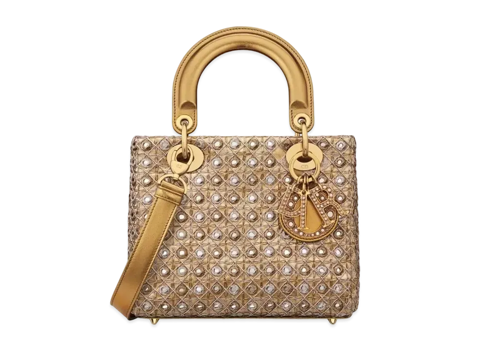 Dior Small Lady Bag Satin Mirrors Tone Thread Flowers "Metallic Gold"
