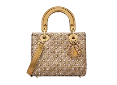 Dior Small Lady Bag Satin Mirrors Tone Thread Flowers "Metallic Gold"