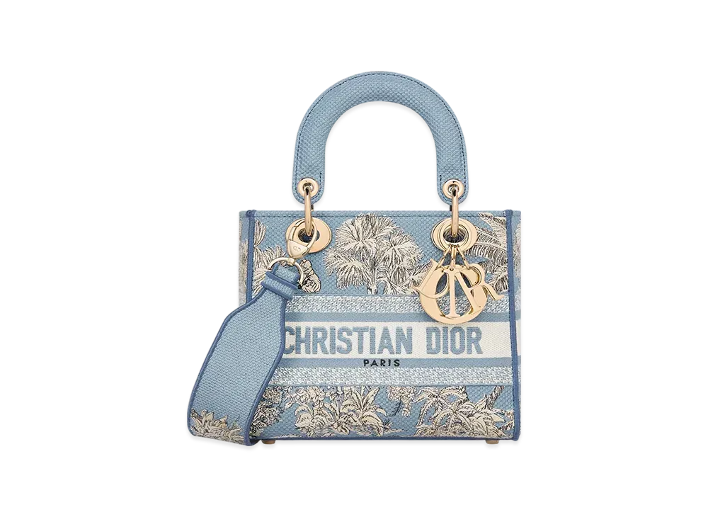 Dior Dioriviera Small Lady D-Lite Bag Toile de Jouy Palms Embroidery "Celestial Blue/White"