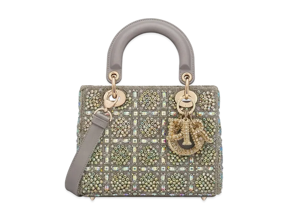 Dior Small Lady Bag Smooth Calfskin Satin Bead Embroidery "Gray"
