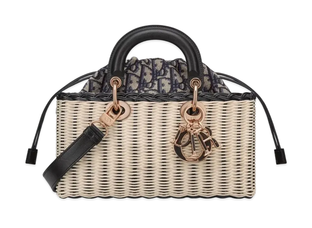Dior Medium Lady D-Joy Bag Dior Oblique Jacquard Natural Wicker "Black/Blue"