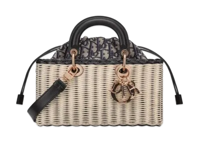 Dior Medium Lady D-Joy Bag Dior Oblique Jacquard Natural Wicker "Black/Blue"