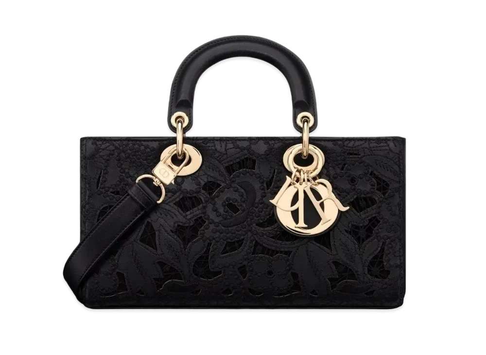 Dior Medium Lady D-Joy Bag Calfskin D-Lace Embroidery Macrame Effect "Black"