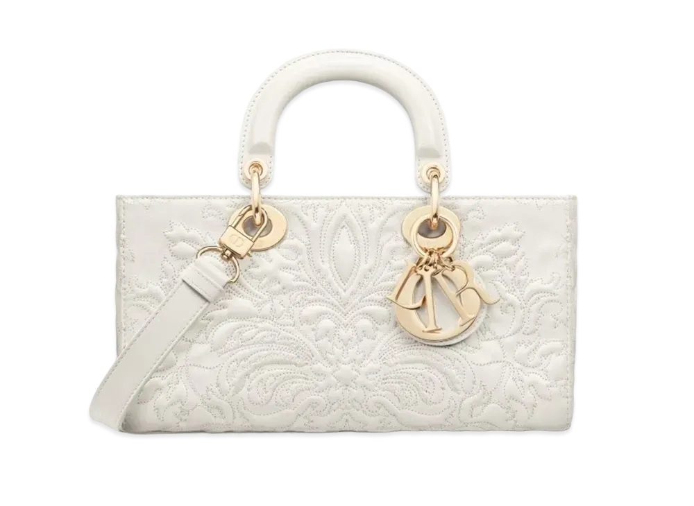 Dior Medium Lady D-Joy Bag Quilt Effect Lambskin Ornamental Motif "Latte"