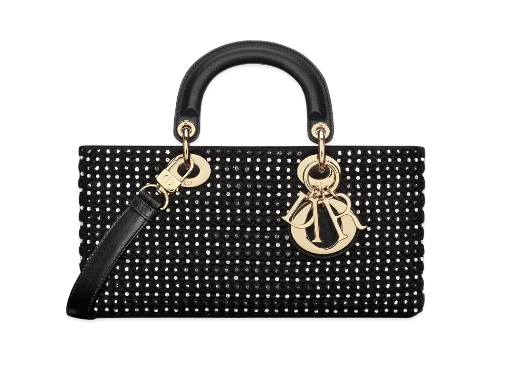 Dior Medium Lady D-Joy Bag Satin Embroidered Mirrors Beads Strass "Black"