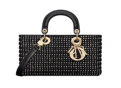 Dior Medium Lady D-Joy Bag Satin Embroidered Mirrors Beads Strass "Black"