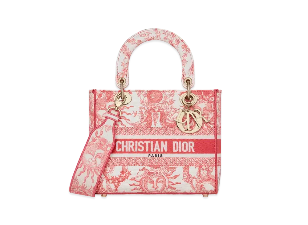 Dior Dioriviera Medium Lady D-Lite Bag Toile de Jouy Soleil Embroidery "Coral"