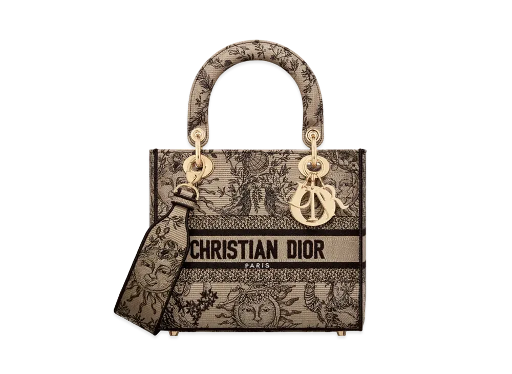 Dior Medium Lady D-Lite Bag Toile de Jouy Soleil Embroidery "Beige/Black"