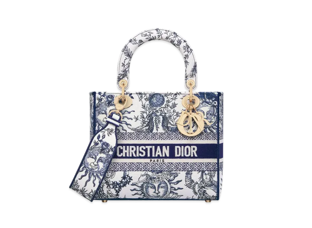 Dior Medium Lady D-Lite Bag Toile de Jouy Soleil Embroidery "White/Navy Blue"