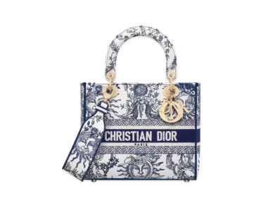 Dior Medium Lady D-Lite Bag Toile de Jouy Soleil Embroidery "White/Navy Blue"