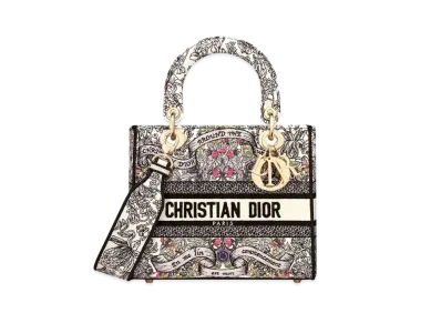 Dior Medium Lady D-Lite Bag Embroidery with Dior Around the World Motif "Latte/Multi Color"