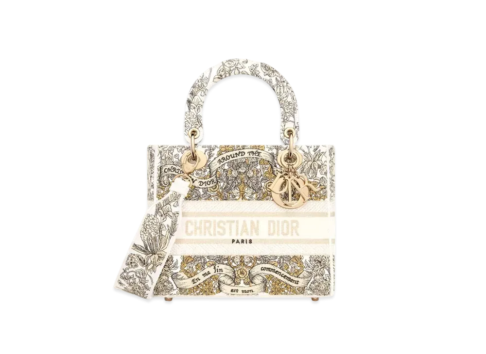 Dior Medium Lady D-Lite Bag Embroidery with Dior Around the World Motif "Latte/Gold"