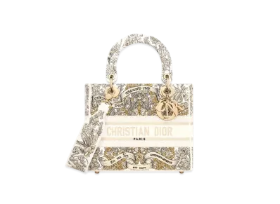 Dior Medium Lady D-Lite Bag Embroidery with Dior Around the World Motif "Latte/Gold"