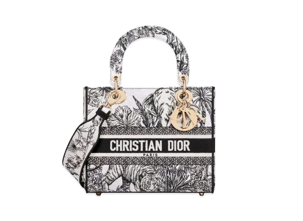 Dior Medium Lady D-Lite Bag Toile de Jouy Voyage Embroidery "White/Black"