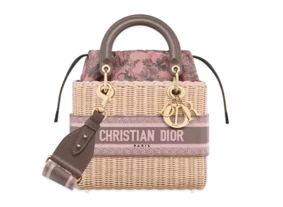 Dior Medium Lady Bag Natural Wicker Toile De Jouy Sauvage Cotton Canvas "Pink/Gray"