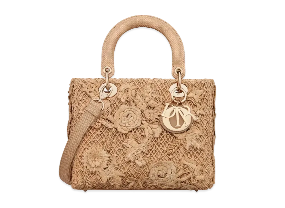 Dior Medium Lady D Lite Bag Embroidered 3D Flowers Raffia "Natural"