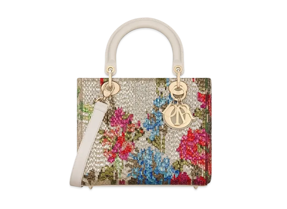 Dior Medium Lady D-Lite Bag Embroidery Blurred Flowers Coral Motif Glass Bugle Beads "Multicolor"