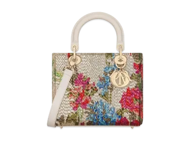 Dior Medium Lady D-Lite Bag Embroidery Blurred Flowers Coral Motif Glass Bugle Beads "Multicolor"