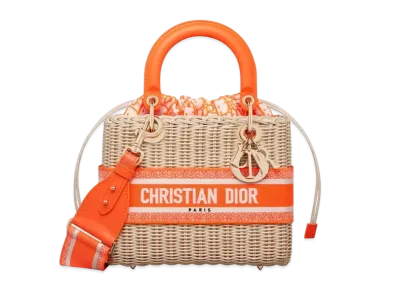Dior Medium Lady Bag Natural Wicker Dior Oblique Jacquard "Fluorescent Orange"
