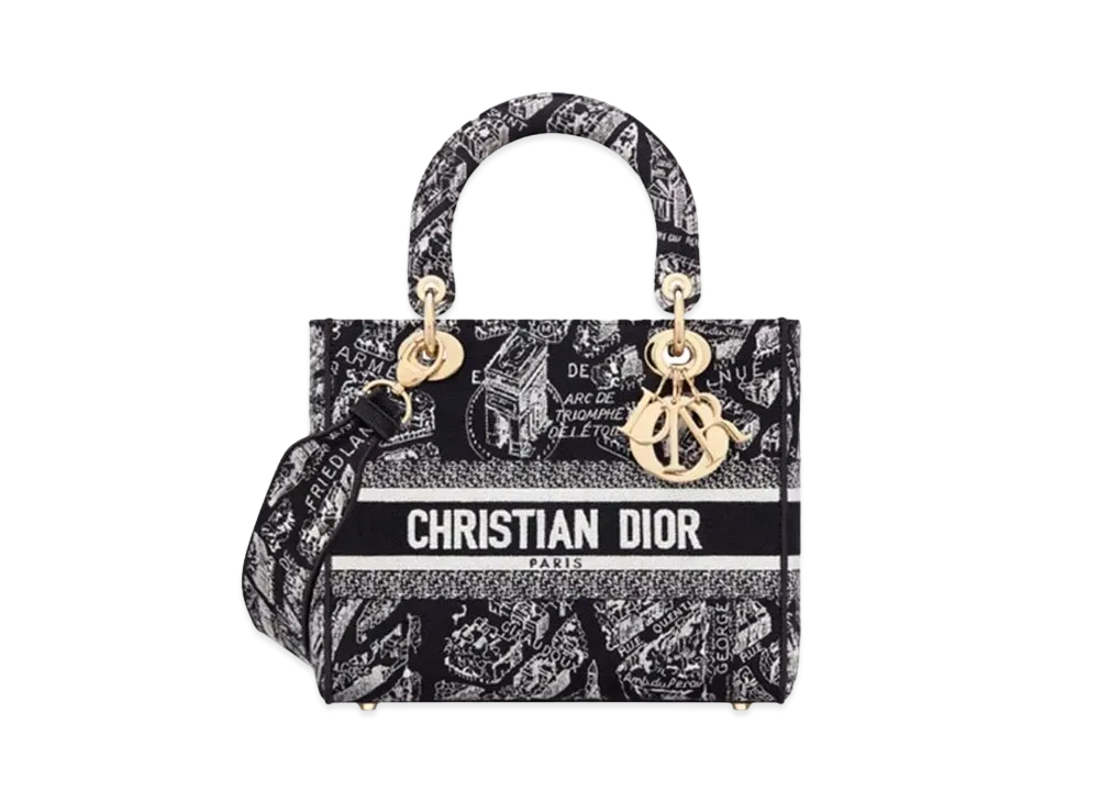 ディオール ミディアム レディD-ライトバッグ プランドパリ刺繍 "ブラック/ホワイト"M0565OOMP_M993