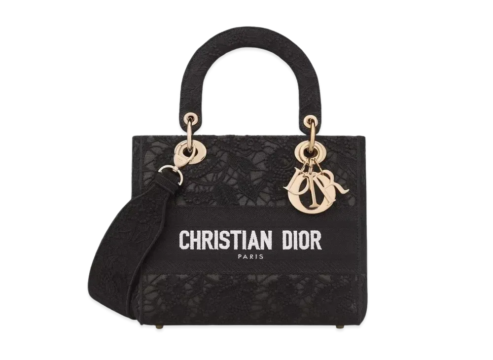Dior Medium Lady D-Lite D-Lace Embroidery with Macrame Effect Bag "Black"