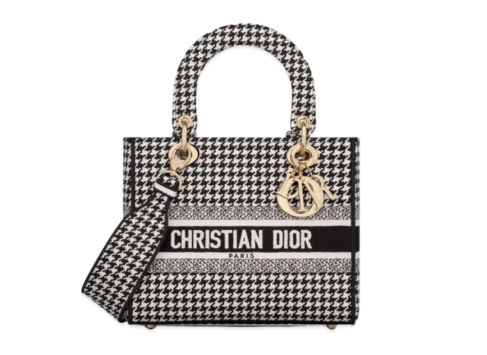 Dior Medium D-Lite Lady Bag Hound Tooth Embroidery "Black/White"
