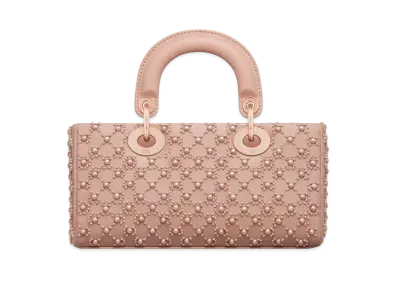 Dior Small Lady D-Joy Bag Cannage Calfskin Embroidered Resin Pearls "Rose Des Vents"