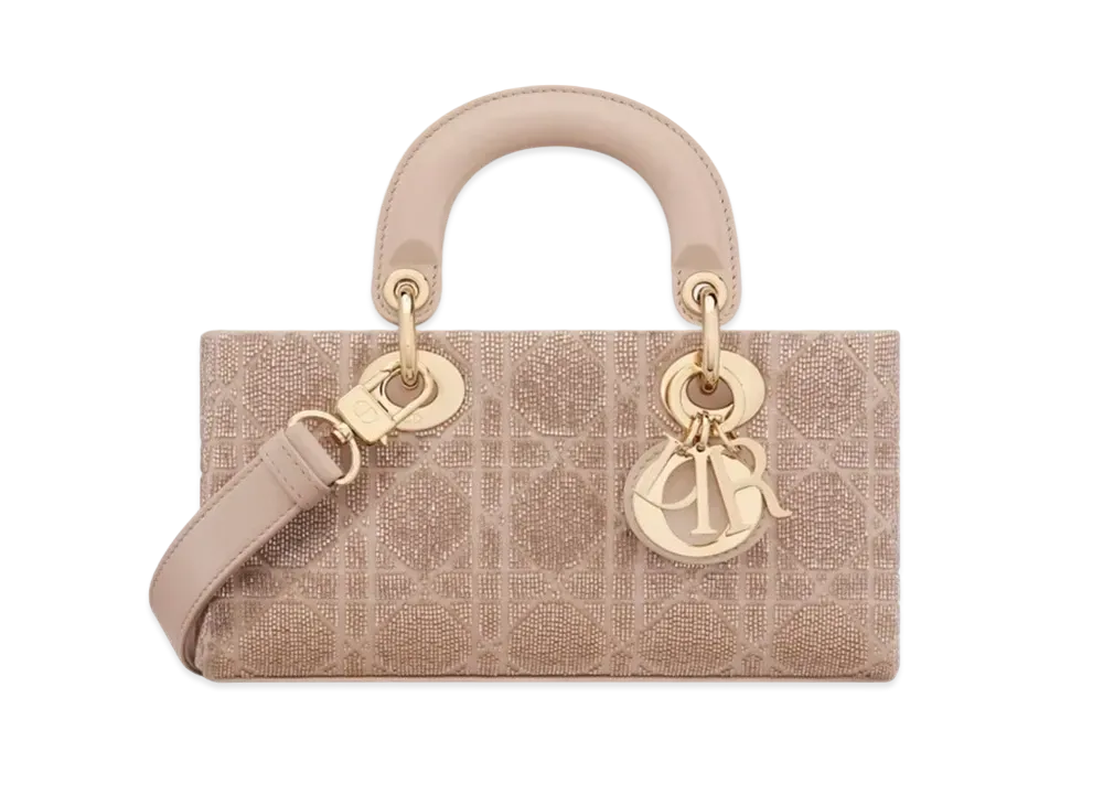 Dior Small Lady D-Joy Bag Cannage Cotton Embroidered Micropearl "Caramel Beige"