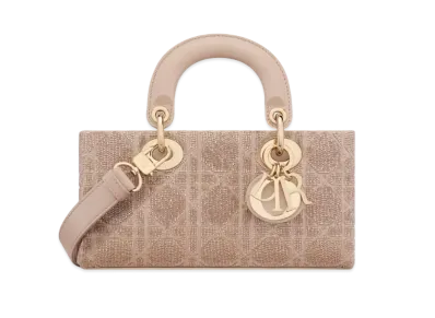 Dior Small Lady D-Joy Bag Cannage Cotton Embroidered Micropearl "Caramel Beige"