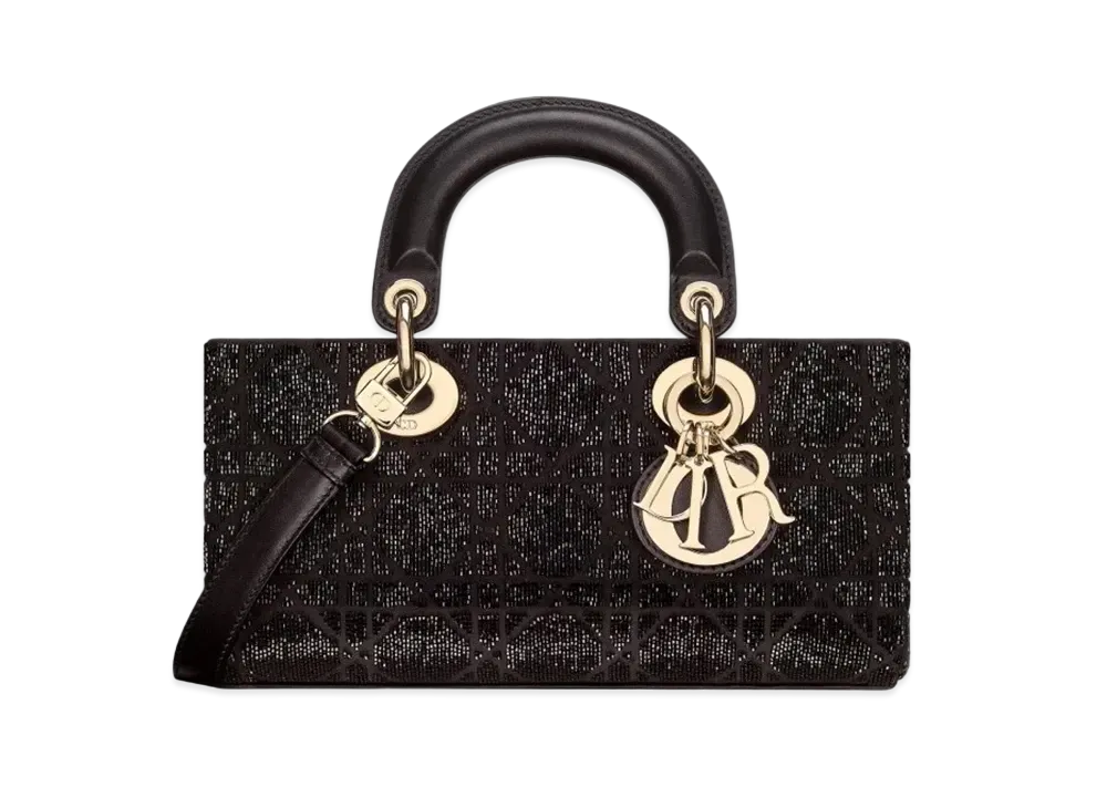 Dior Small Lady D-Joy Bag Cannage Cotton Micropearl Embroidery "Black"