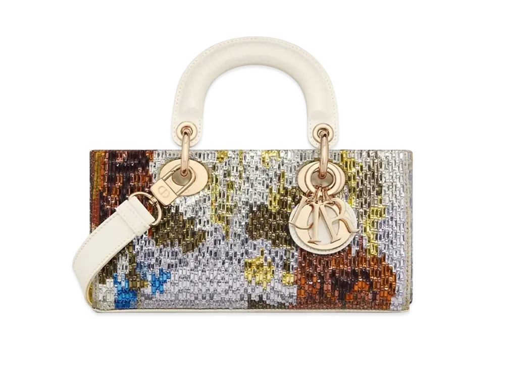 Dior Small Lady D-Joy Bag Glass Bugle Beads Blurred Flowers Corn Motif "Latte/Multicolor"