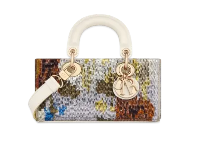 Dior Small Lady D-Joy Bag Glass Bugle Beads Blurred Flowers Corn Motif "Latte/Multicolor"