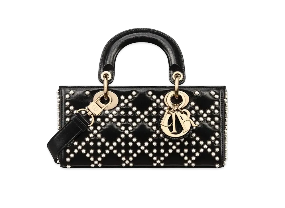 Dior Small Lady D-Joy Bag Crinkle Effect Resin Half Pearl Motif "Black/White"