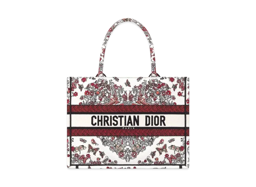 Dior Dioramour Medium Dior Book Tote Embroidery with Coeur des Curiosites Motif (36 x 27.5 x 16.5 cm) "Latte White/Multicolor"