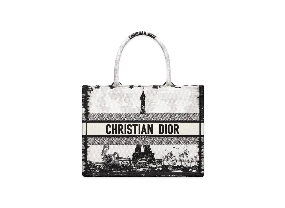 Dior Medium Dior Book Tote Paris Embroidery "White/Black"