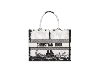 Dior Medium Dior Book Tote Paris Embroidery "White/Black"