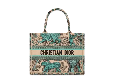 Dior Dioriviera Medium Book Tote Raffia With Aquamarina Toile De Jouy Sauvage Embroidery "Aquamarina"