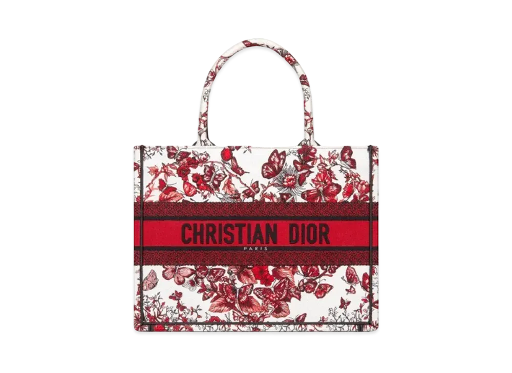 Dior Medium Book Tote Le Coeur des Papillons Embroidery "White/Red"