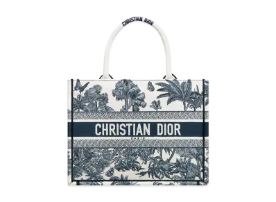 Dior Dioriviera Medium Dior Book Tote Toile de Jouy Palms Embroidery "White/Blue"