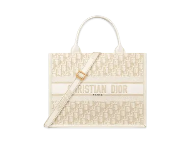 Dior Medium Dior Book Tote Dior Oblique Embroidery with Metallic Thread and Calfskin (36.5 x 28 x 16.5 cm) "Gold/Latte"
